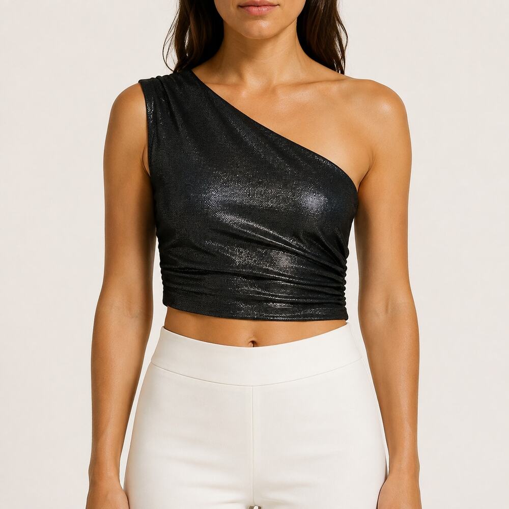 Susana Monaco Metallic Black One Shoulder Ruched Crop Top Small